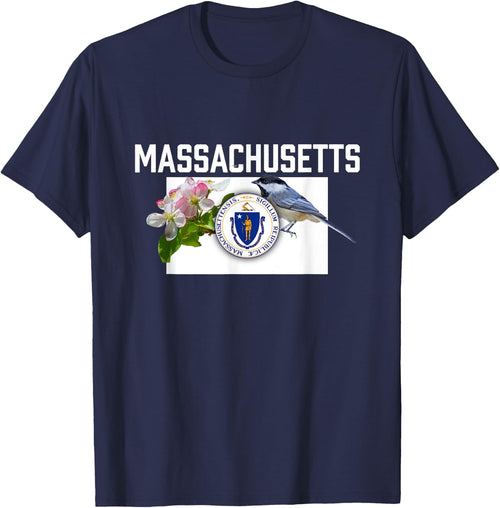 Massachusetts US State Flag With State Bird & Flower