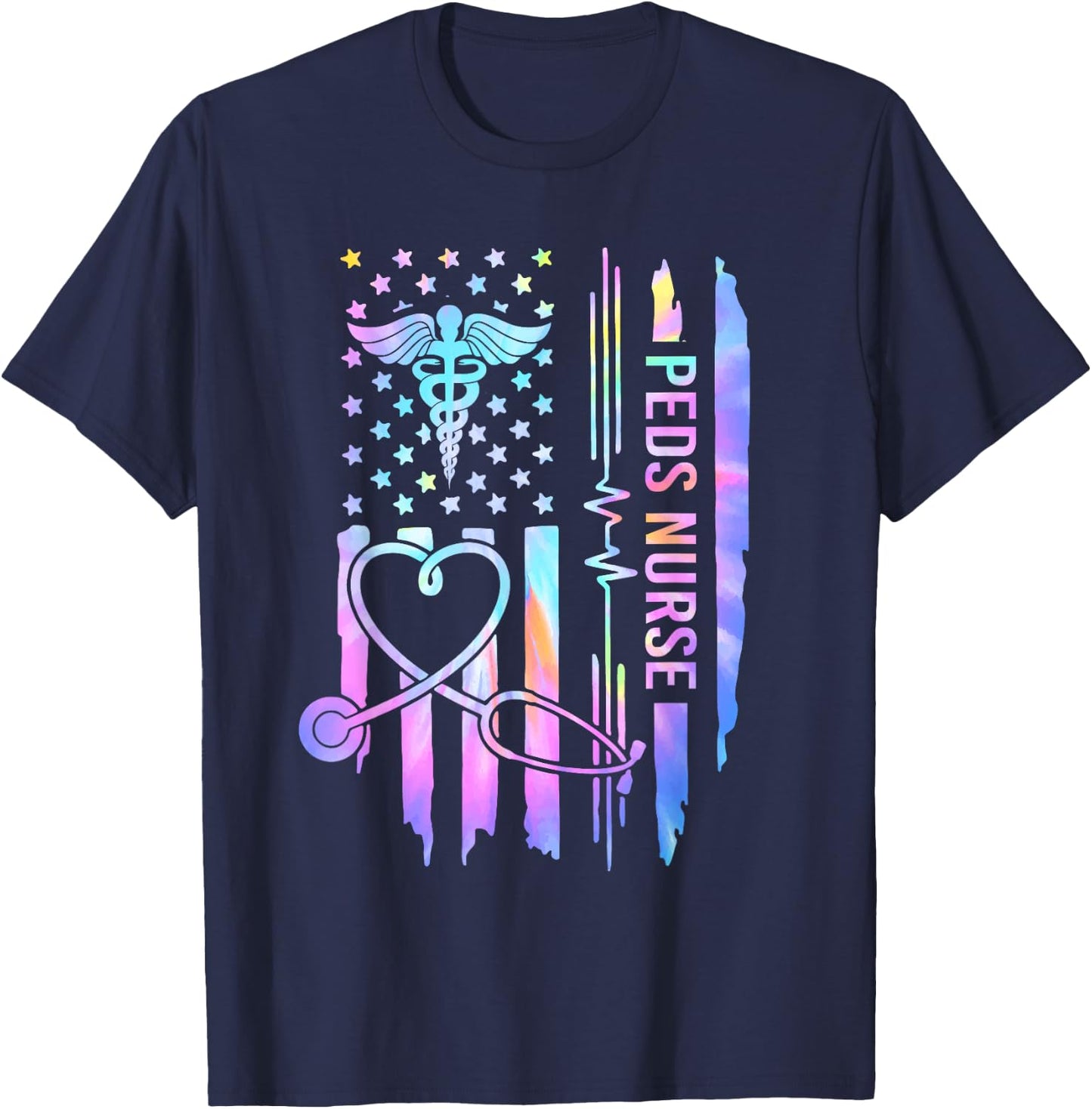 Pediatric Nurse PEDS Nursing Appreciation Pediatric USA Flag T-Shirt - T-Shirt | Navy