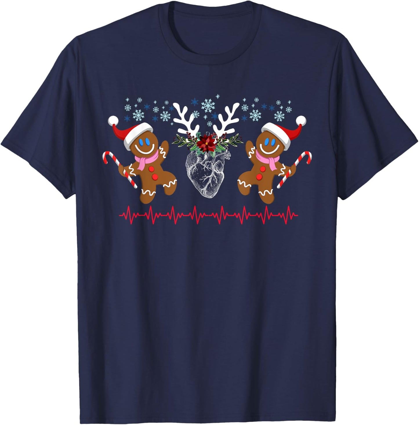 Floral Heart Reindeer Gingerbread Christmas Cardiac Nurse T-Shirt - T-Shirt | Navy