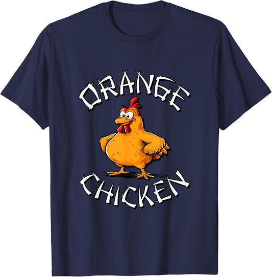 Redds Threads Orange Chicken -Adults Black Small Short Sleeve Classic Fit 100% Polyester Fun Cartoon Mandarin Collar Modern Unique Graphic Design T-Shirt - T-Shirt | Navy