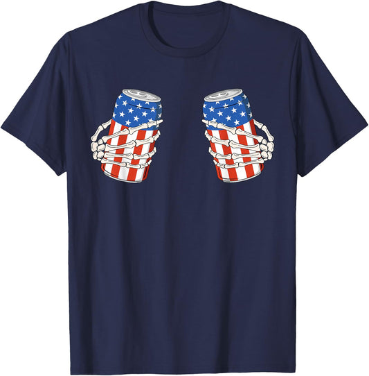 Beer Can Skeleton Hand Funny 4th of July AmeriCan Patriotic Women Men T-Shirt - T-Shirt | Navy