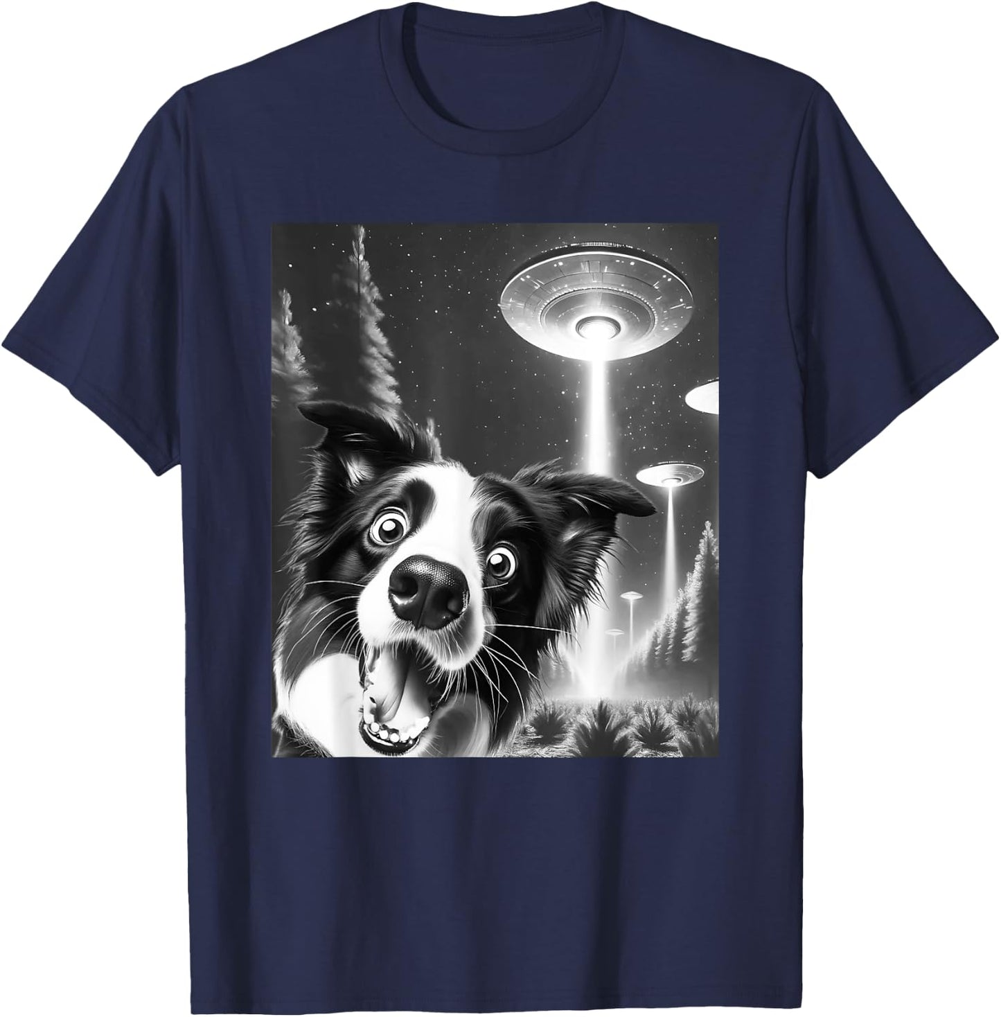 Funny Border Collie Alien UFO Taking a Selfie Dog Mom Dad Men Women Girls Kids T-Shirt - T-Shirt | Navy