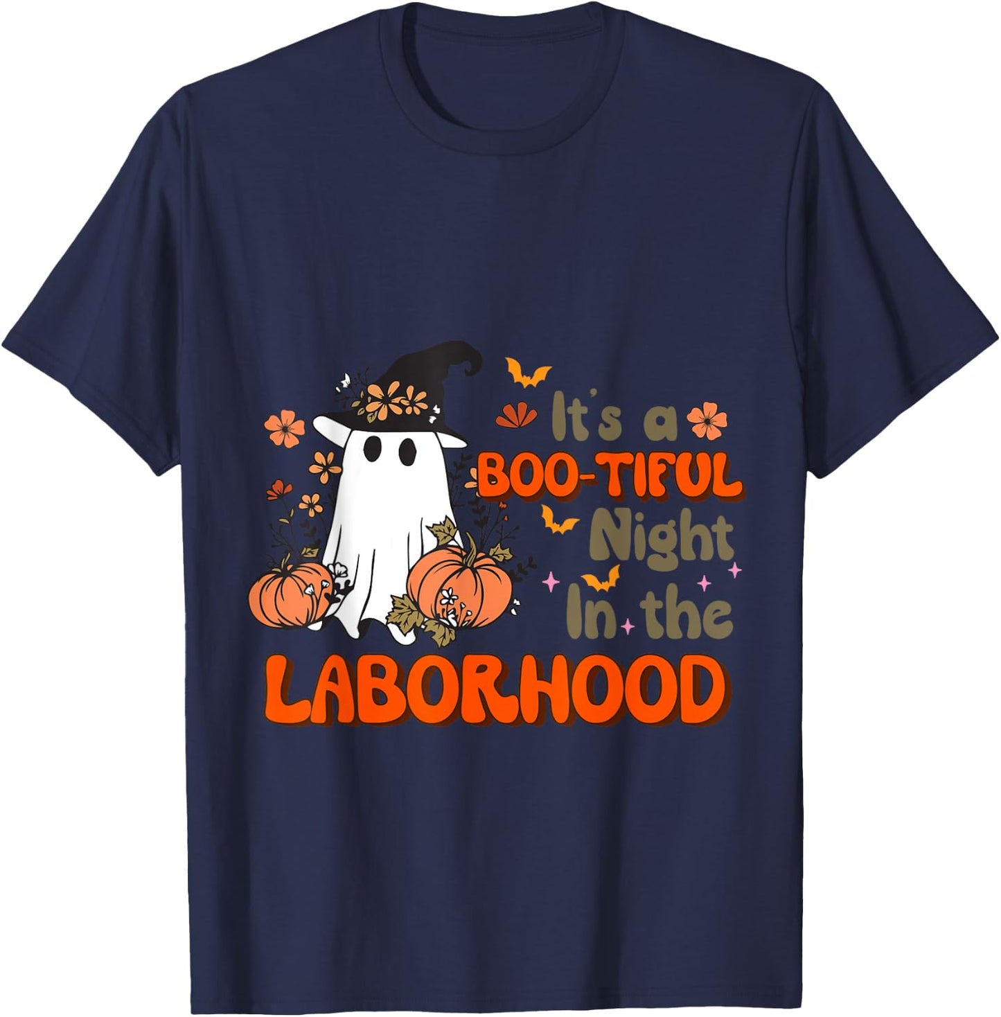 Bootiful Night In Laborhood Delivery Nurse Ghost Halloween T-Shirt - T-Shirt | Navy
