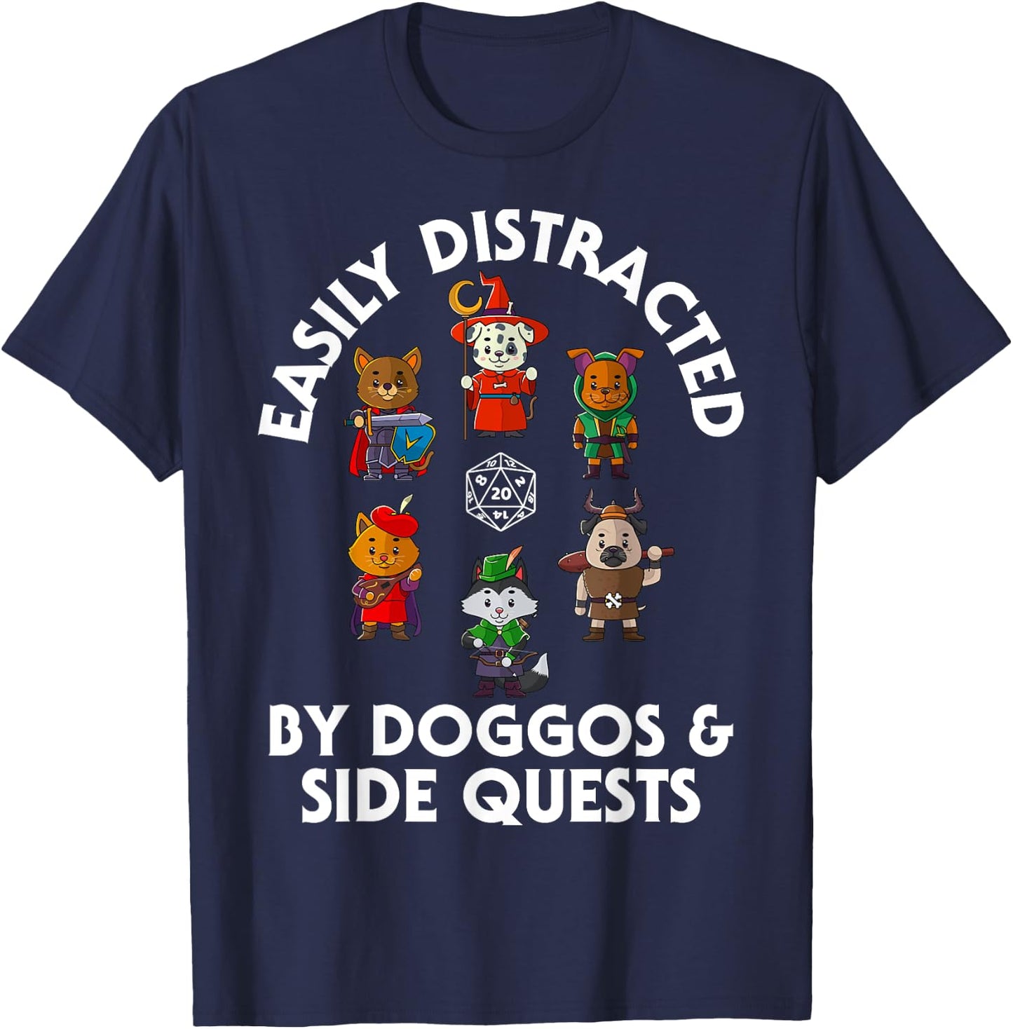 D20 Dice Tabletop Gamer Store RPG Gamer Doggos Side Quests Dogs Nerdy Dog Men Women Kids T-Shirt - T-Shirt | Navy