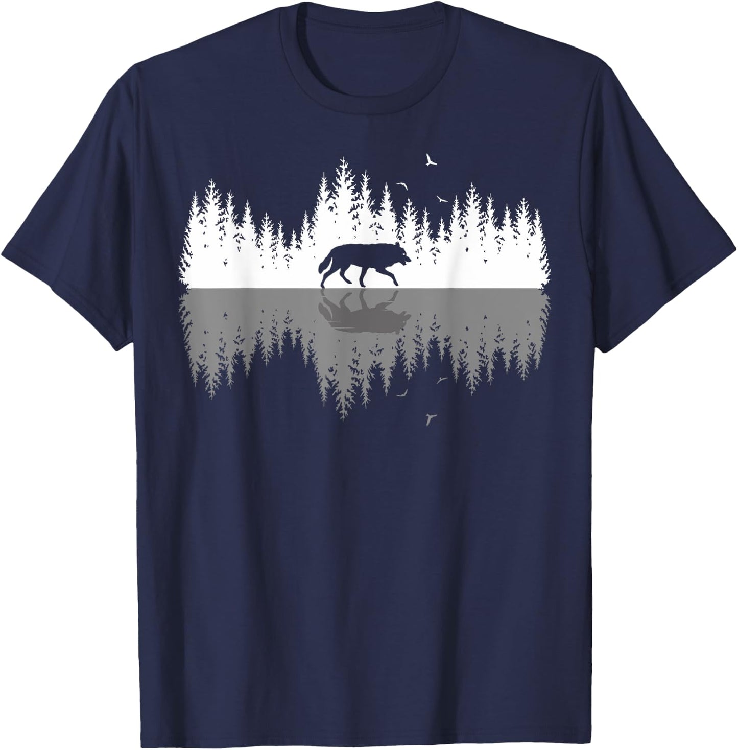 Trees Reflection Wolf Wildlife Forest Nature Animal Outdoor T-Shirt - T-Shirt | Navy