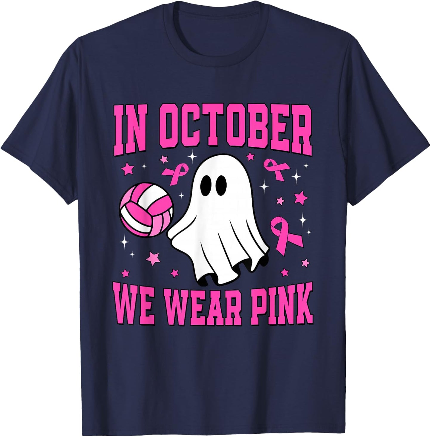 In October We Wear Pink Ghost Volleyball Breast Cancer T-Shirt - T-Shirt | Navy
