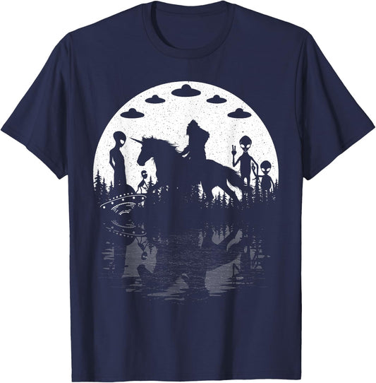 Bigfoot Riding Unicorn! Funny Sasquatch Ufo Cryptid Aliens T-Shirt - T-Shirt | Navy