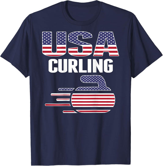 USA Team Curling Rock Jersey American Flag Winter Sport Gift Kids Men T-Shirt - T-Shirt | Navy