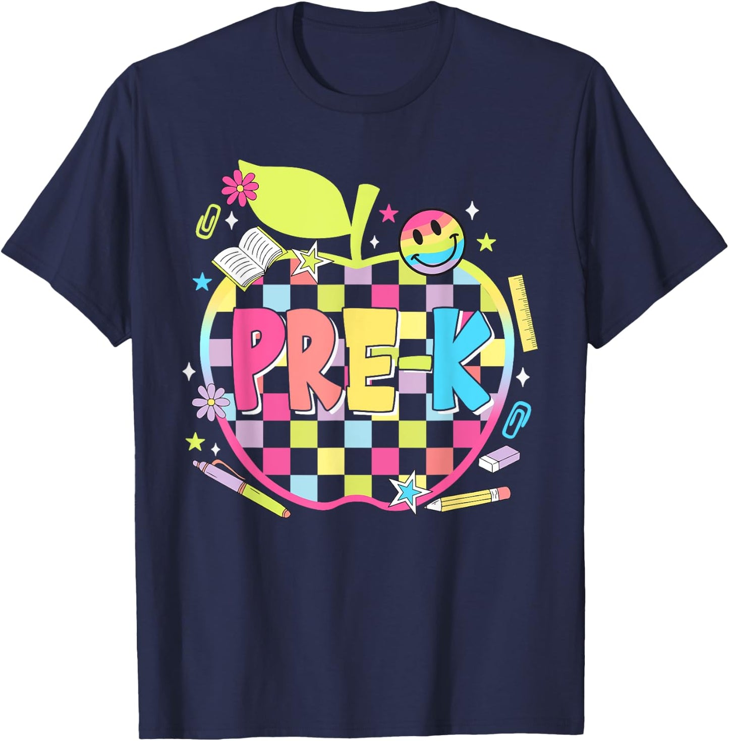 Pre-K Teachers Apples Retro Smile Face Back To School T-Shirt - T-Shirt | Navy