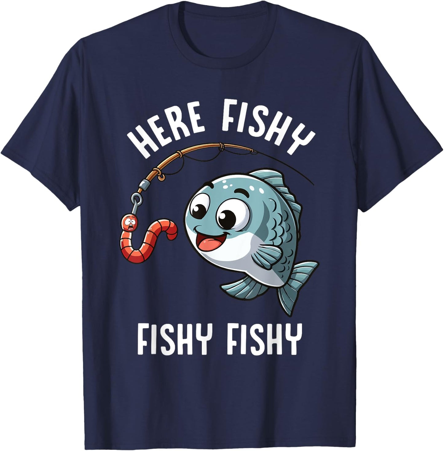 Here Fishy Fishing Funny Worm Cute Fish Fisherman Boys Girls T-Shirt - T-Shirt | Navy
