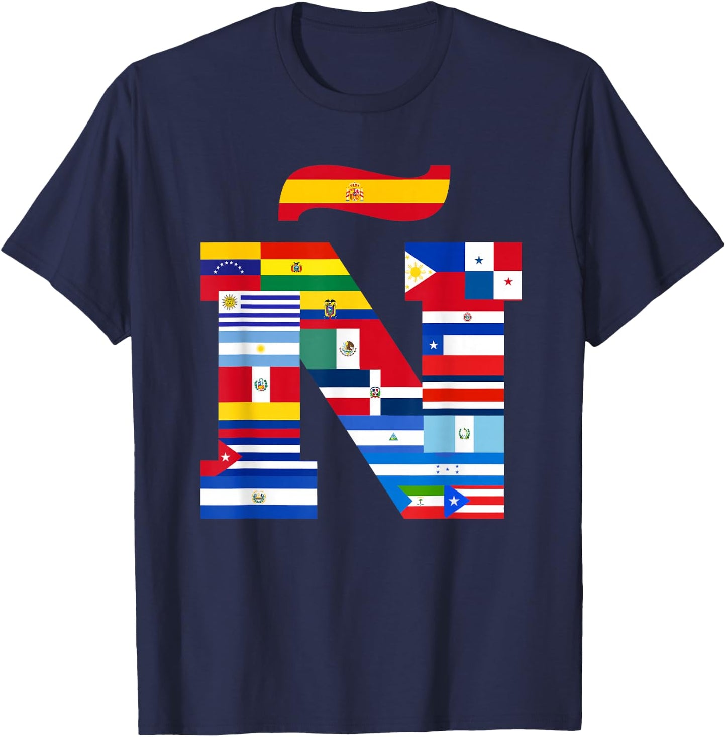 Ñ Viva la Hispanidad, Hispanic Heritage, Vibrant 'Ñ' Flag T-Shirt - T-Shirt | Navy