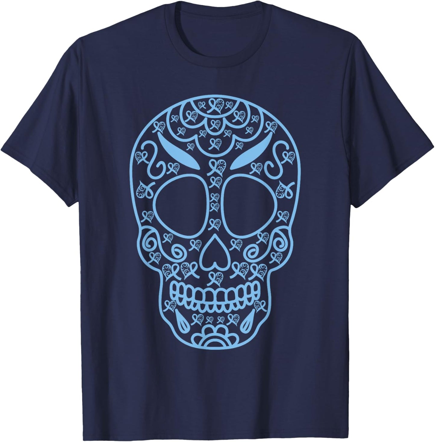 Sugar Skull Light Blue Ribbon Prostate cancer awareness supp T-Shirt - T-Shirt | Navy