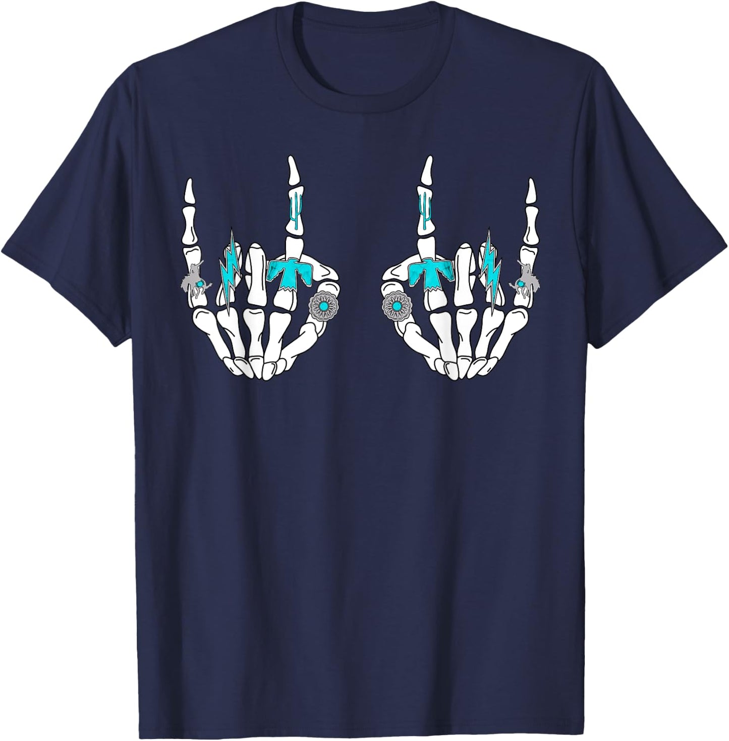 Western Rock On Skeleton Hands Rock And Roll Cowgirl Cowboy T-Shirt - T-Shirt | Navy
