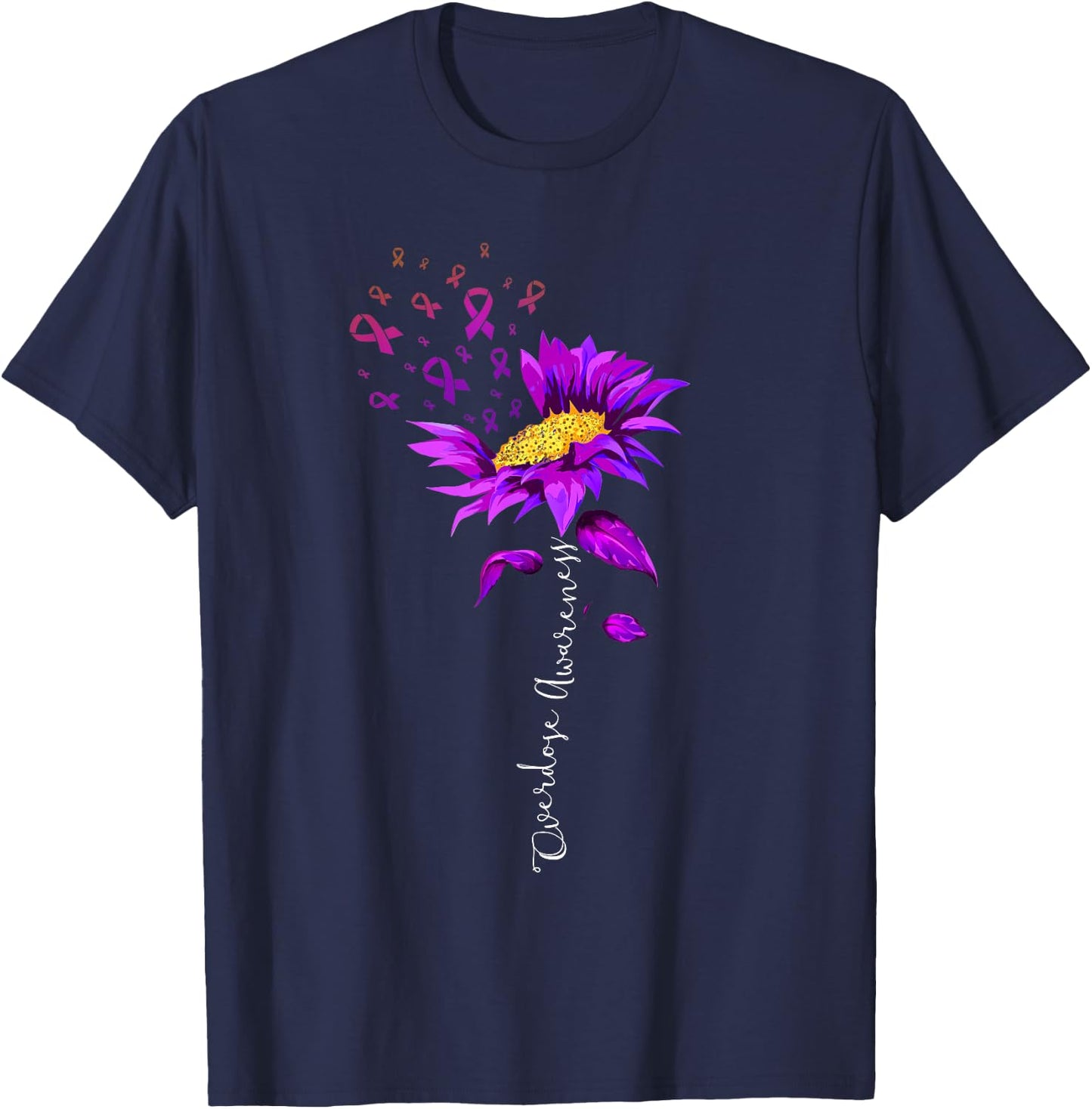 Overdose Awareness Month Sunflower Purple Ribbon T-Shirt - T-Shirt | Navy