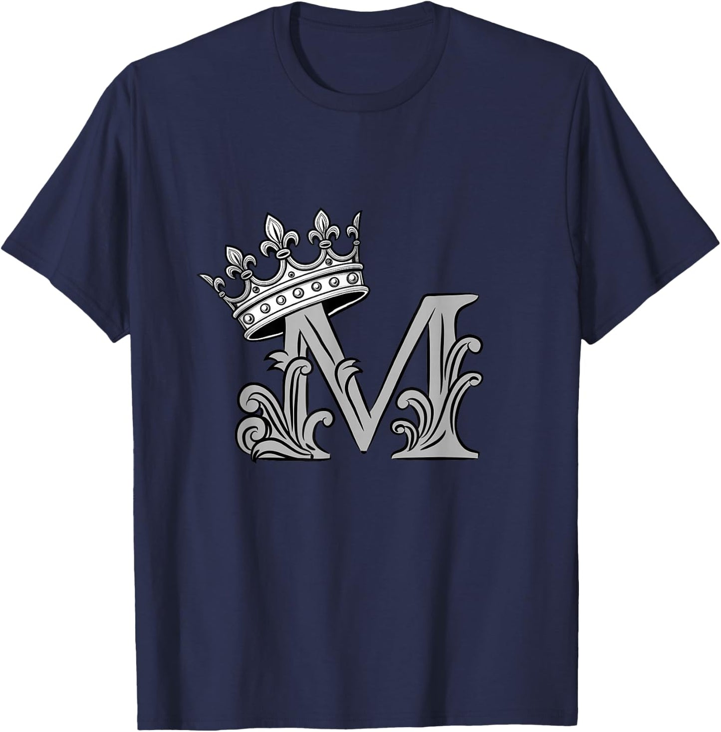 Grey Color Letter M Initial + Crown Grey Graphic T-Shirt - T-Shirt | Navy