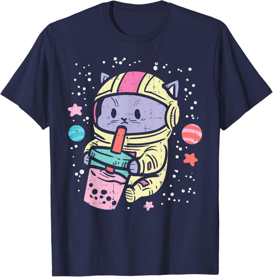 Cat Astronaut Boba Bubble Tea Kawaii Boys Girls Kids Toddler T-Shirt - T-Shirt | Navy
