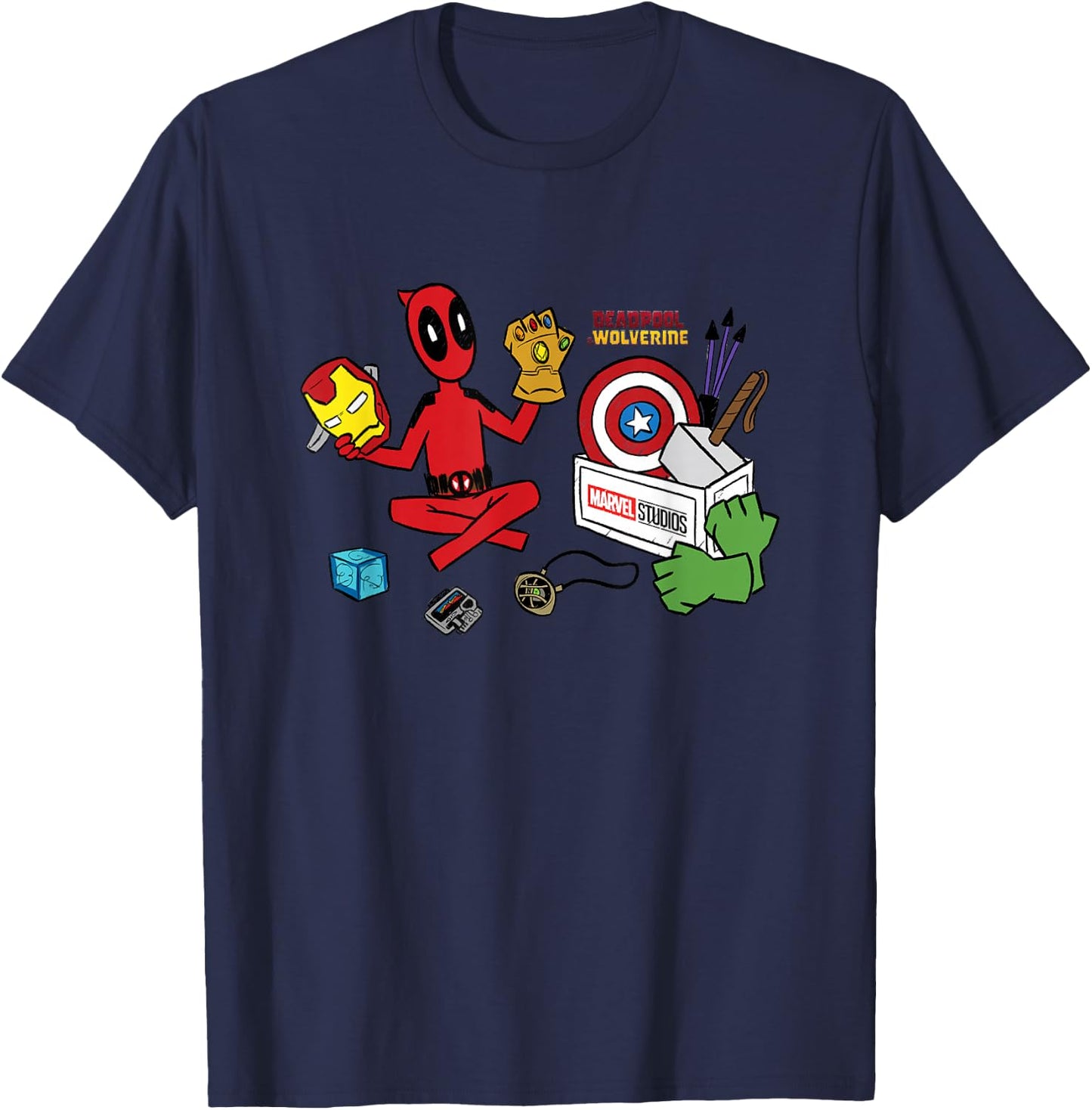 Marvel Deadpool & Wolverine Avengers Tool Box Sketch Icons T-Shirt - T-Shirt | Navy