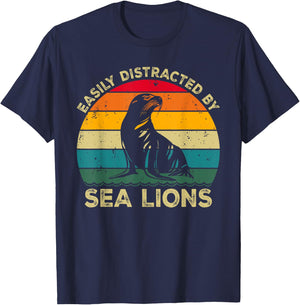 Easily Distracted By Sea Lions, Funny Cute Sea Lion Lovers T-Shirt - T-Shirt | Navy