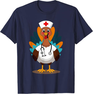 Thanksgiving Scrub Tops Women Turkey Nurse Holiday Nursing T-Shirt - T-Shirt | Navy