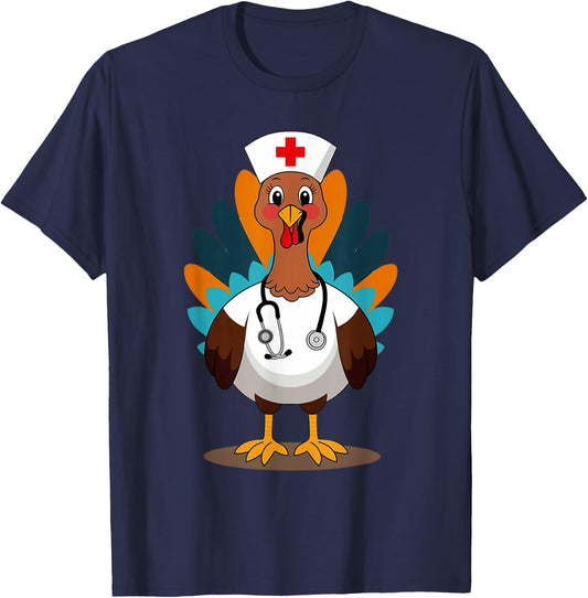 Thanksgiving Scrub Tops Women Turkey Nurse Holiday Nursing T-Shirt - T-Shirt | Navy
