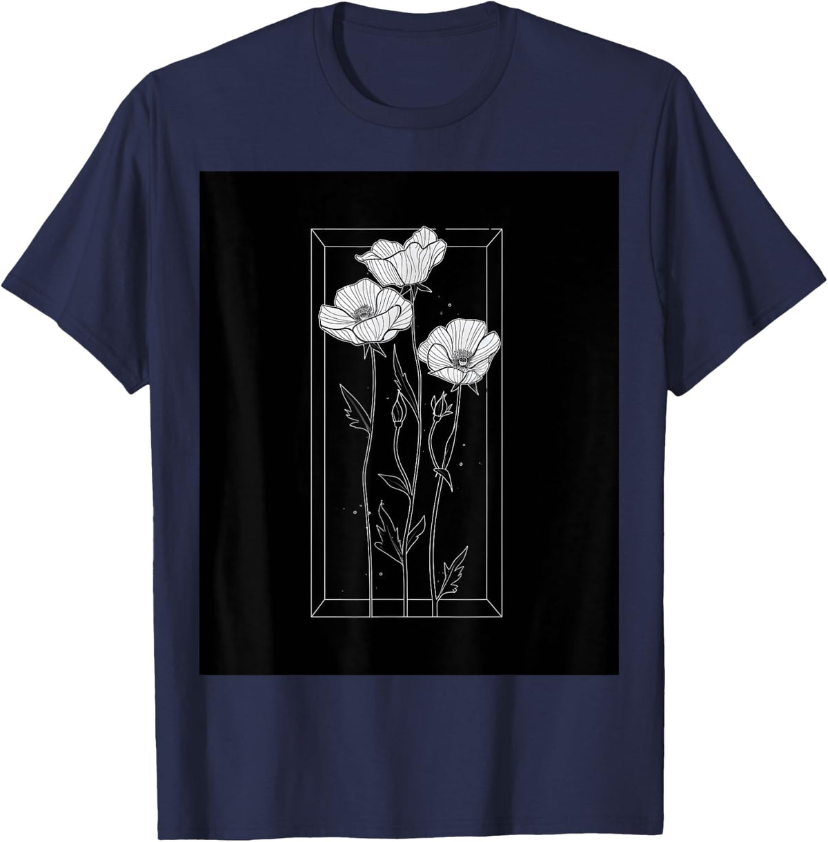 Chic Florals Black and White Minimalist Flowers T-Shirt - T-Shirt | Navy