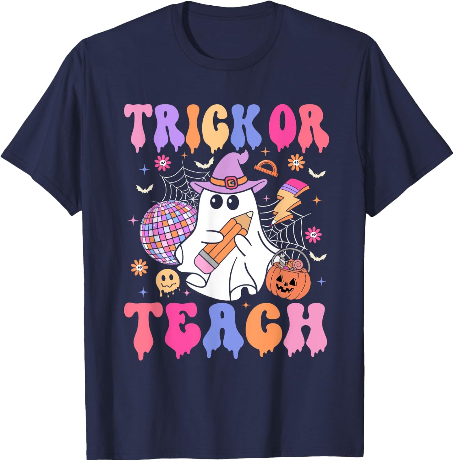 Trick Or Teach Groovy Halloween Floral Ghost Teacher T-Shirt - T-Shirt | Navy
