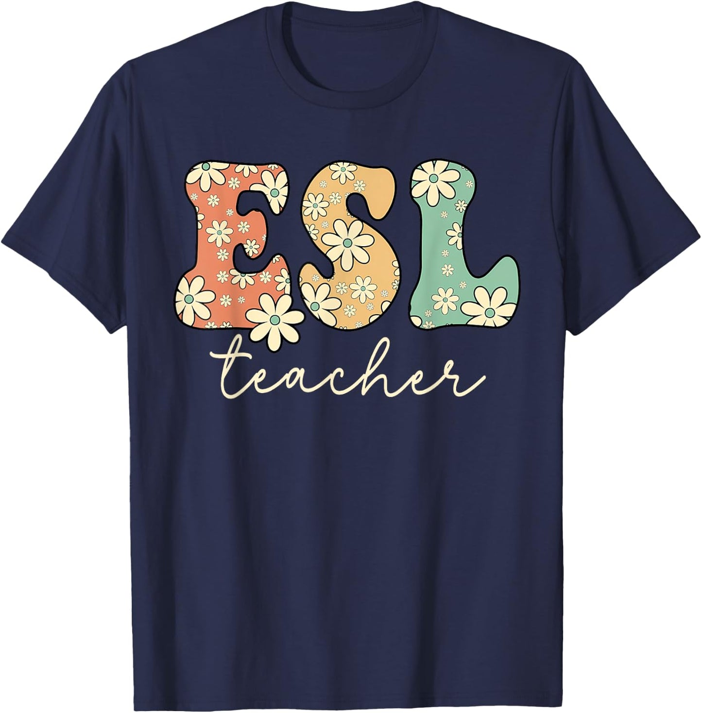 Retro Daisy Flower ESL Bilingual Teacher Back To School Women T-Shirt - T-Shirt | Navy
