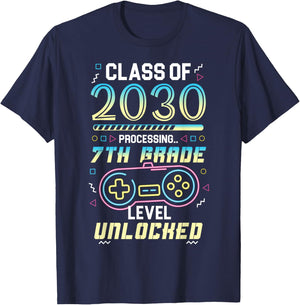Class Of 2030 Gaming 7th Grade Unlocked First Day 7th Grader T-Shirt - T-Shirt | Navy