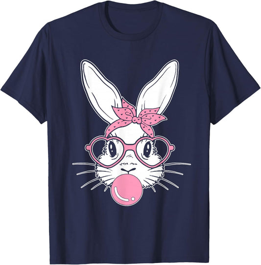 Bunny Face Easter Day Bubblegum Bandana Glasses Girls T-Shirt - T-Shirt | Navy