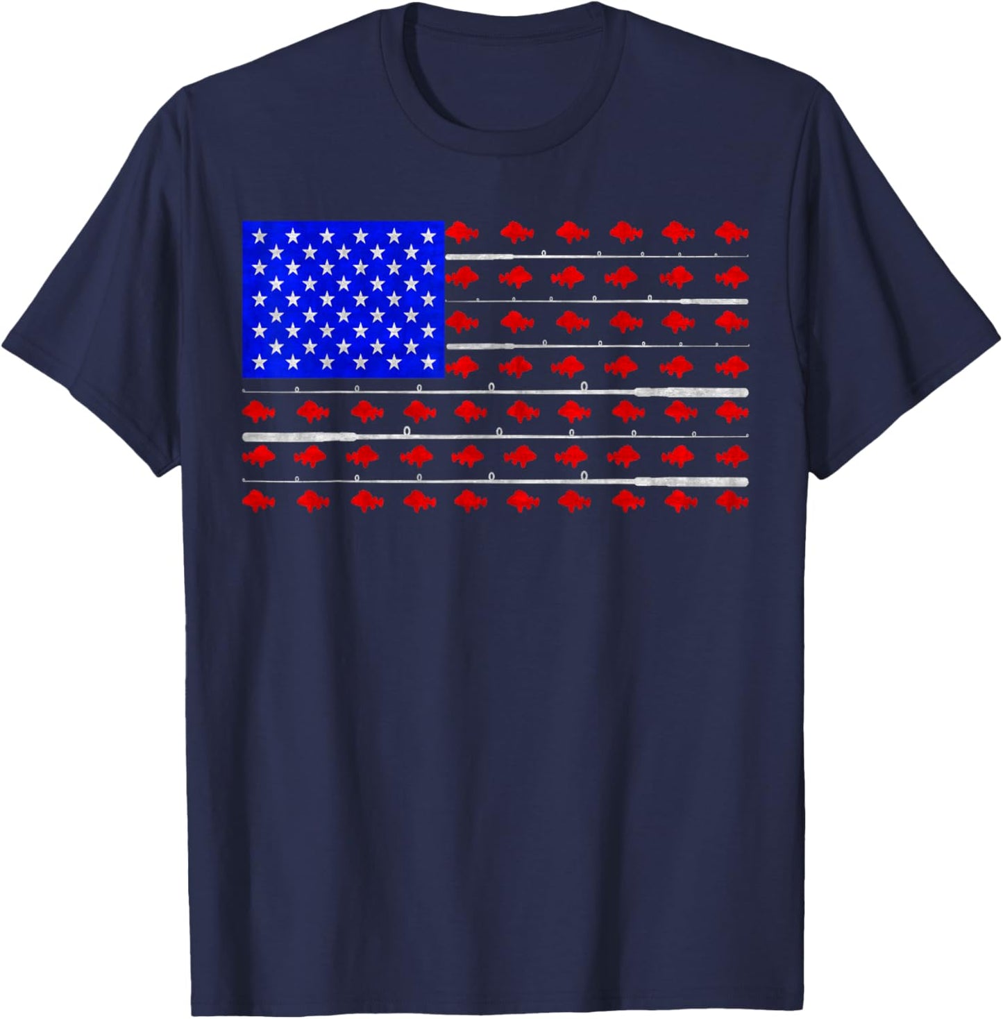 Vintage USA Flag Fishing, Fish And Rod, Fishing Lover T-Shirt - T-Shirt | Navy
