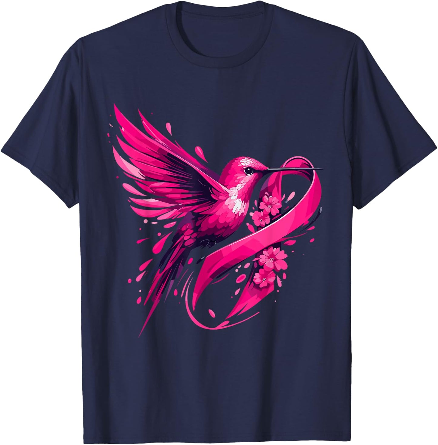 Hummingbird Flower Pink Ribbon Breast Cancer Awareness T-Shirt - T-Shirt | Navy