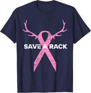 Save A Rack Breast Cancer Awareness Pink Ribbon Deer Antlers T-Shirt - T-Shirt | Navy