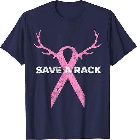 Save A Rack Breast Cancer Awareness Pink Ribbon Deer Antlers T-Shirt - T-Shirt | Navy