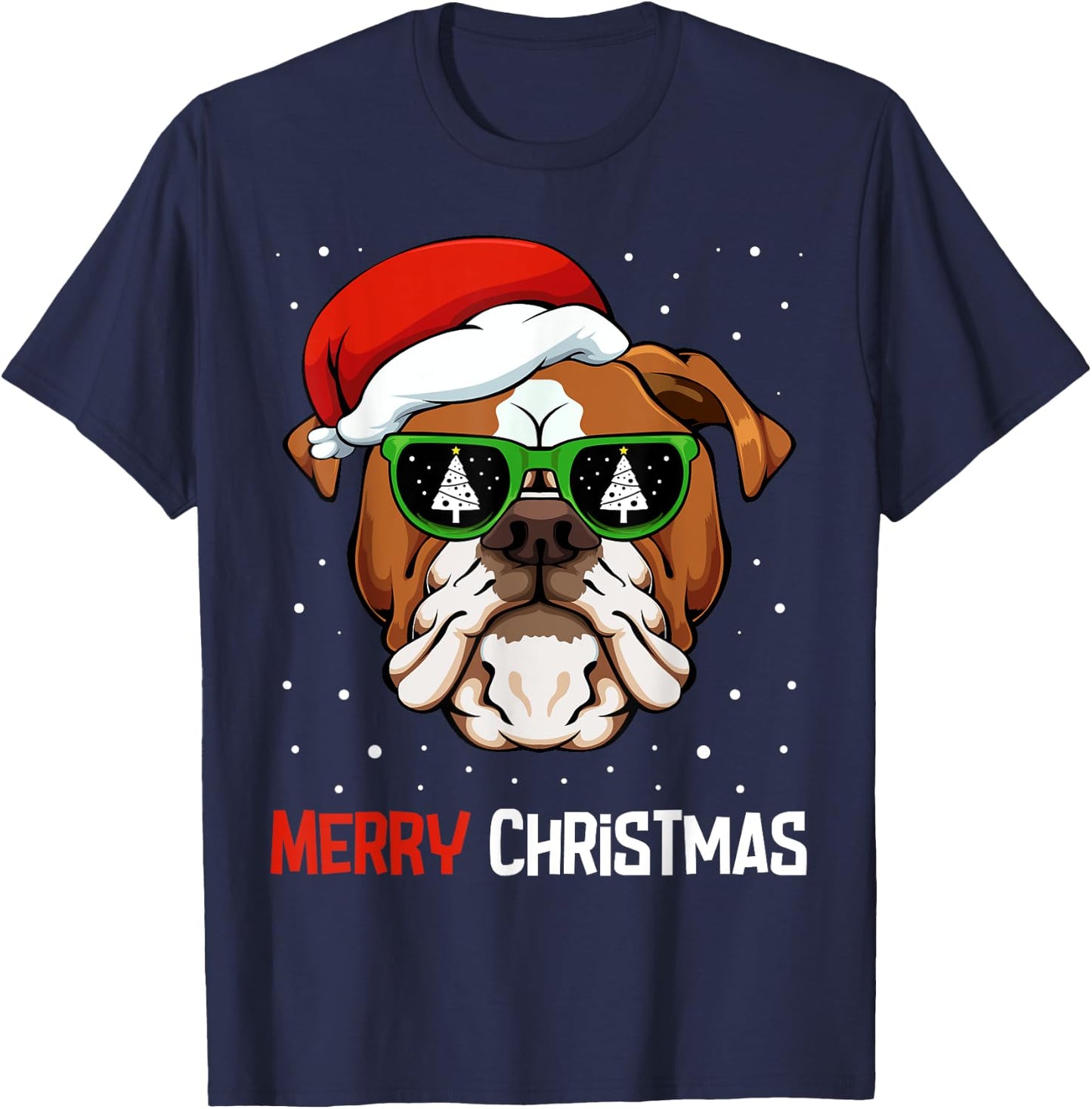 English Bulldog Santa Hat Christmas Pajama Dog X-Mas Tree T-Shirt - T-Shirt | Navy