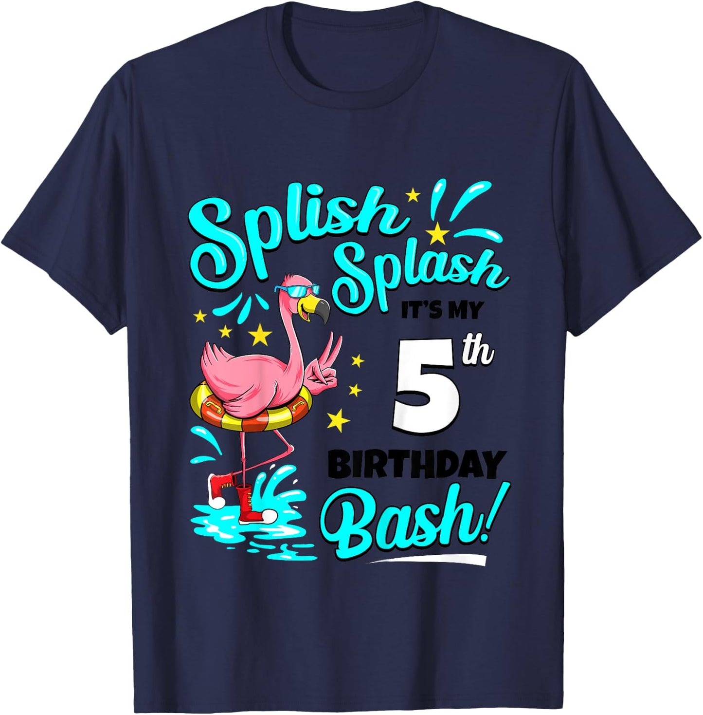 5th Birthday Flamingo 5 Years Old Pool Party Summer T-Shirt - T-Shirt | Navy
