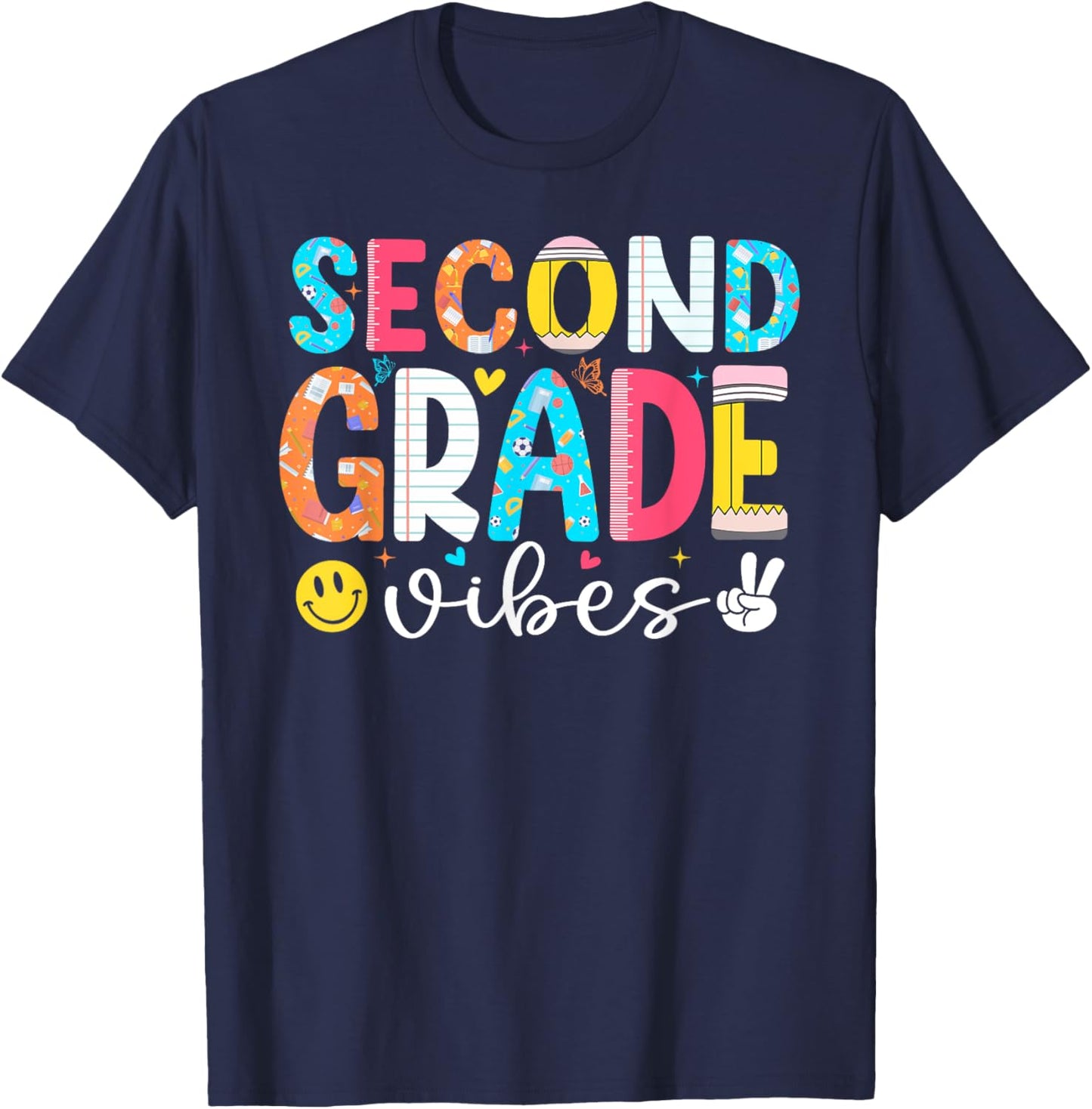 First Day Of 2nd Grade Shirt Teacher Kids Second Grade Vibes T-Shirt - T-Shirt | Navy