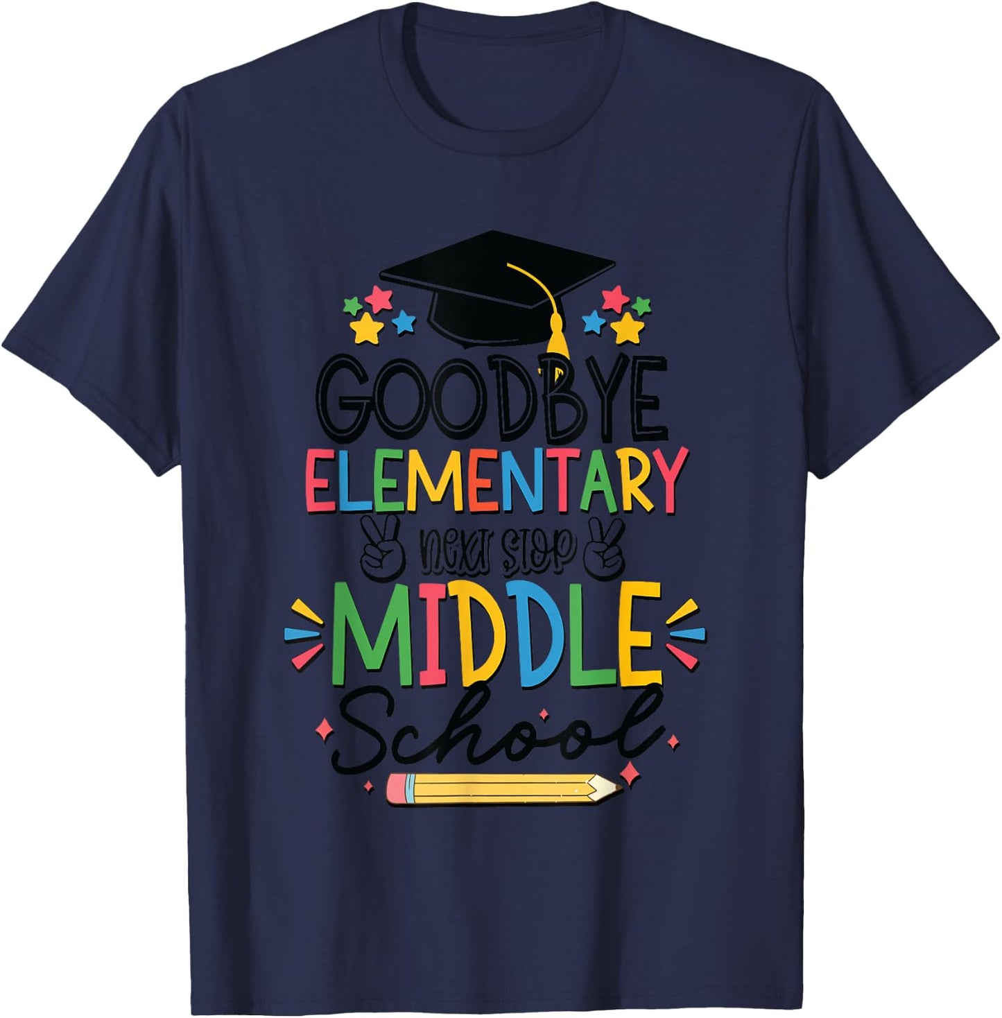 Goodbye Elementary Next Stop Middle School Groovy Graduation T-Shirt - T-Shirt | Navy