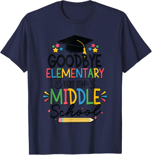 Goodbye Elementary Next Stop Middle School Groovy Graduation T-Shirt - T-Shirt | Navy