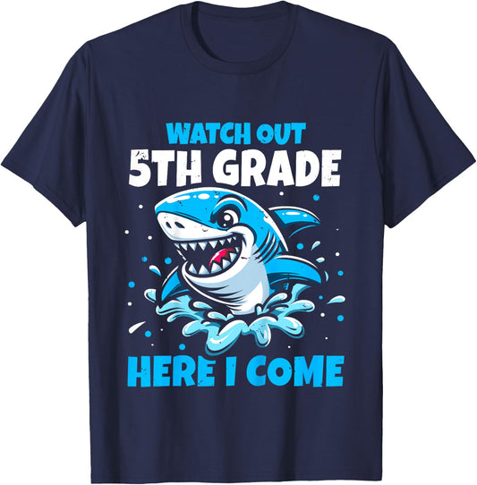 Kids Back To School Watch Out 5th Grade Here I Come Shark Boys T-Shirt - T-Shirt | Navy