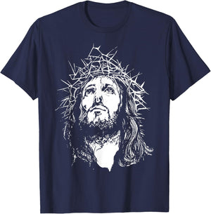 Image Face Of Jesus On A Cross With Crown Of Thorns T-Shirt - T-Shirt | Navy