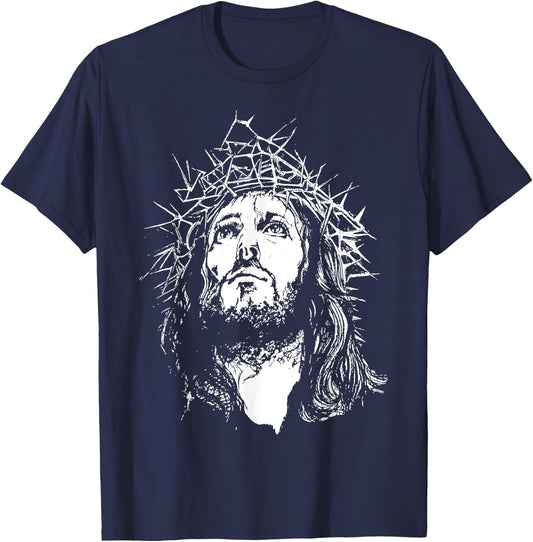 Image Face Of Jesus On A Cross With Crown Of Thorns T-Shirt - T-Shirt | Navy