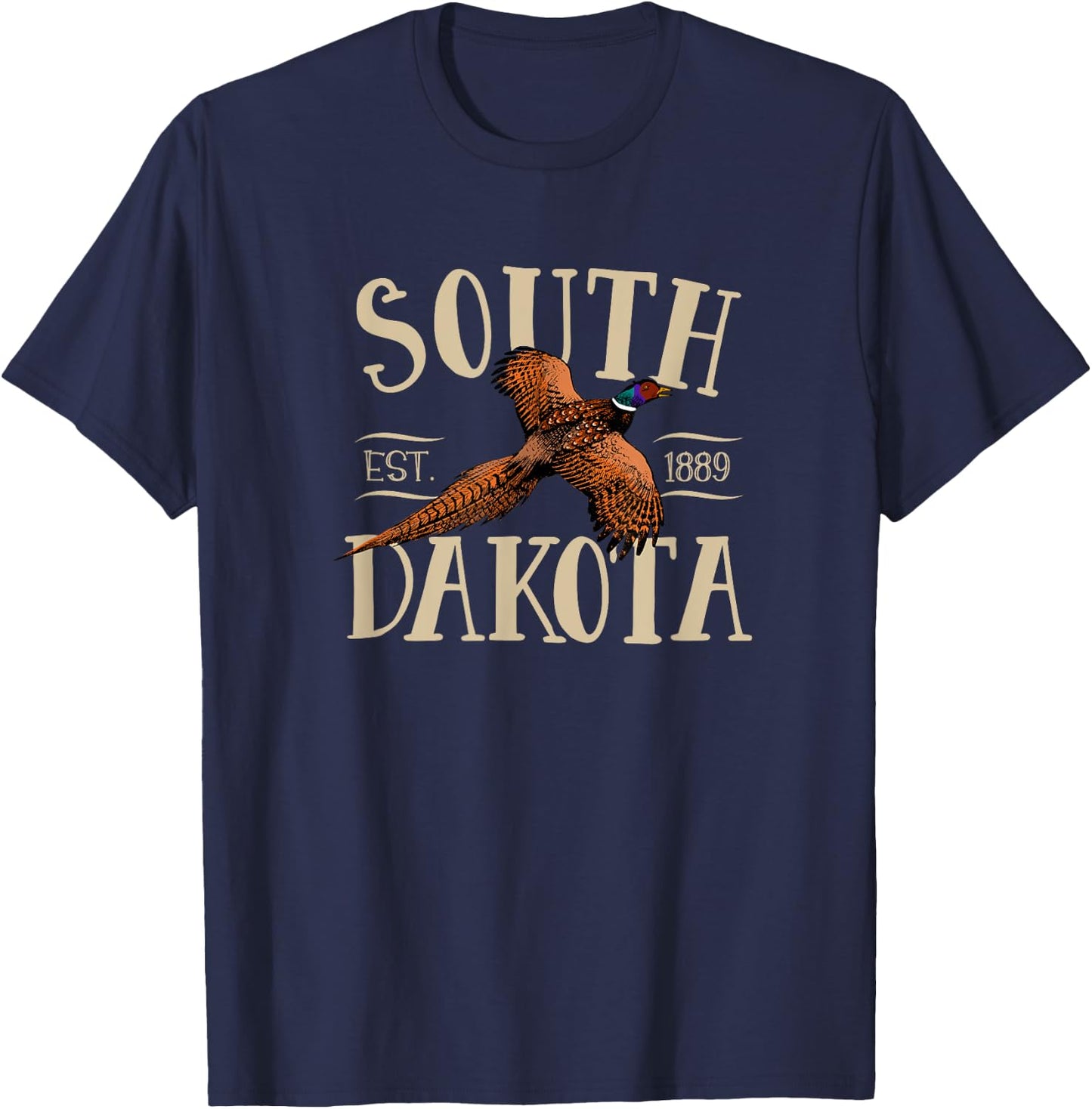 More Cool South Dakota Designs -Kids Black Small Modern Floral Letter Print with Distinctive Pheasant Design, Soft Cotton Fabric T-Shirt - T-Shirt | Navy