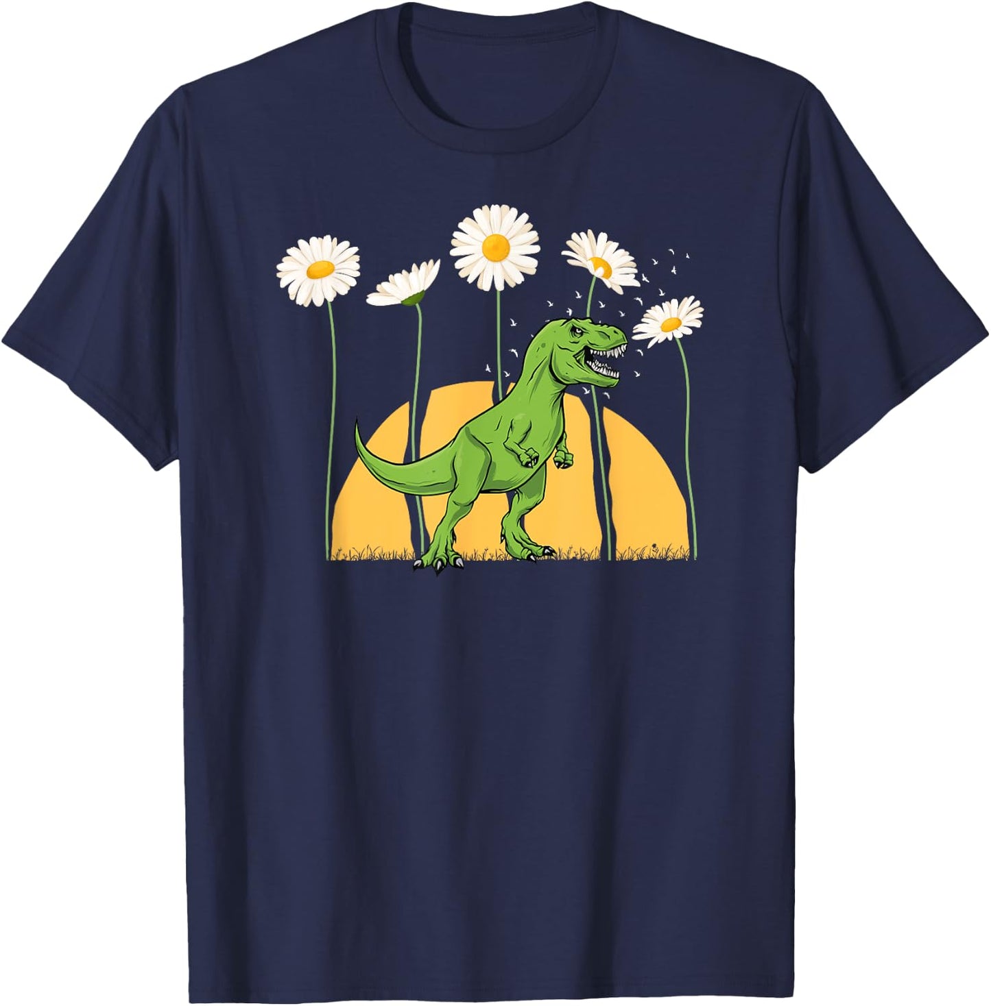 Dinosaur Spring Sunset Towering Daisy Flowers Dino T rex T-Shirt - T-Shirt | Navy