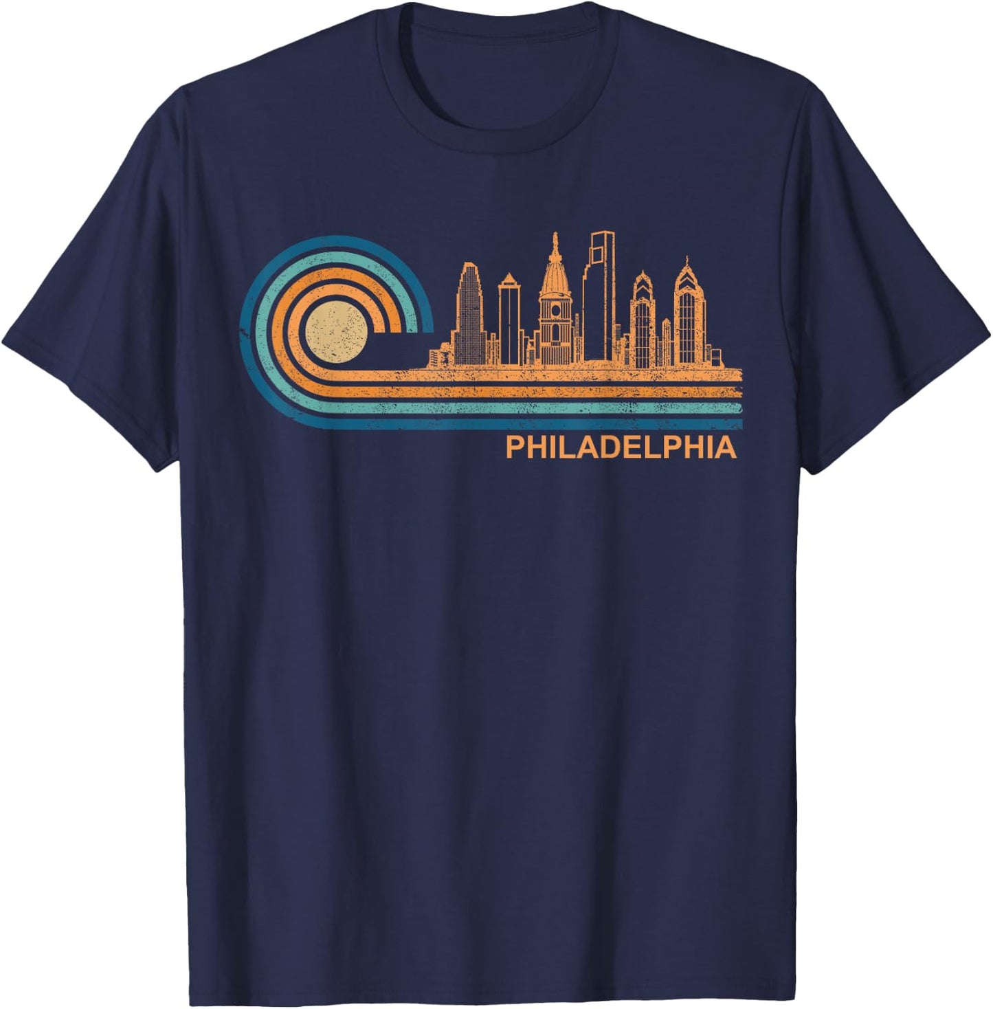 City Skyline Apparel Co. Philadelphia Skyline Retro - Black, -Adults, Small, Short Sleeve, , Classic Fit, Cotton 65%, Polyester 35% T-Shirt - T-Shirt | Navy