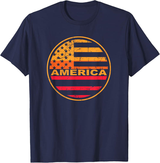 Distressed Sunset America Flag Summer T-Shirt - T-Shirt | Navy