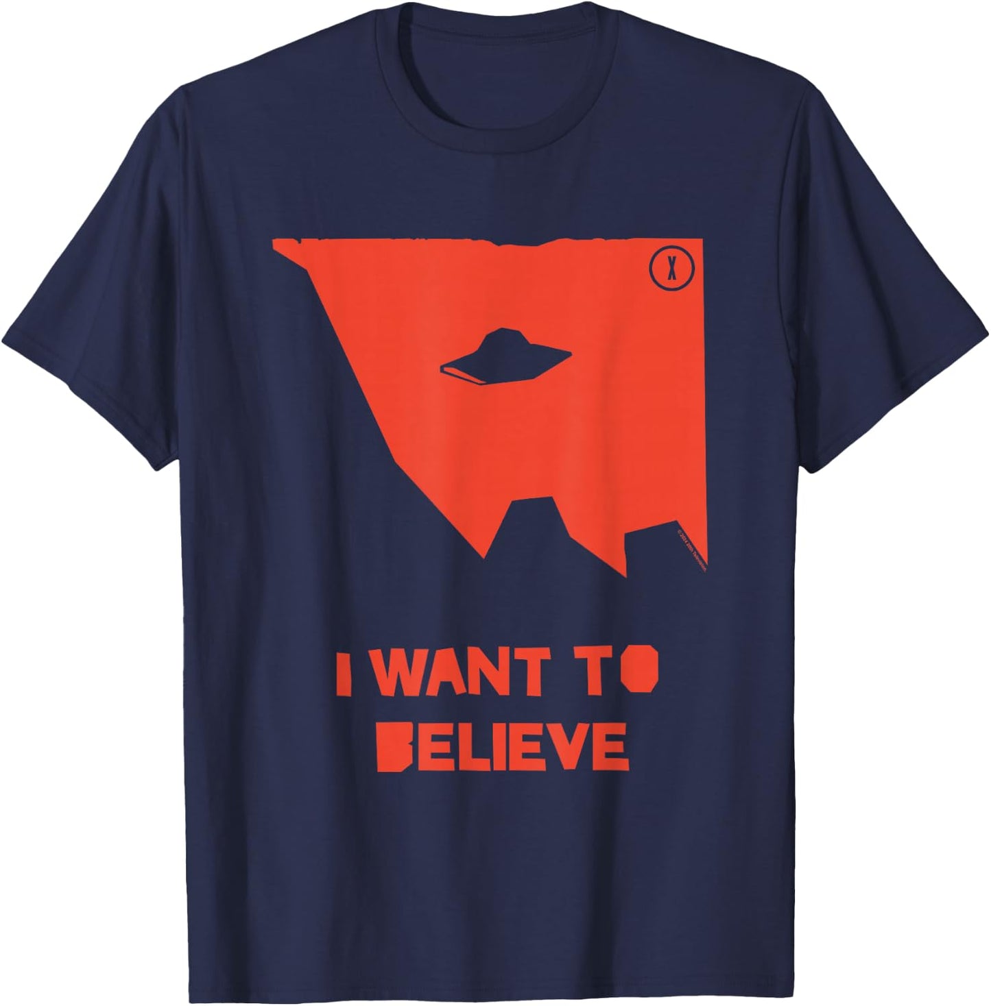 X-Files I Want To Believe UFO Silhouette Big Chest Text Logo T-Shirt - T-Shirt | Navy