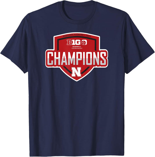Nebraska Cornhuskers Big 10 Champs 2024 Baseball Locker Room T-Shirt - T-Shirt | Navy