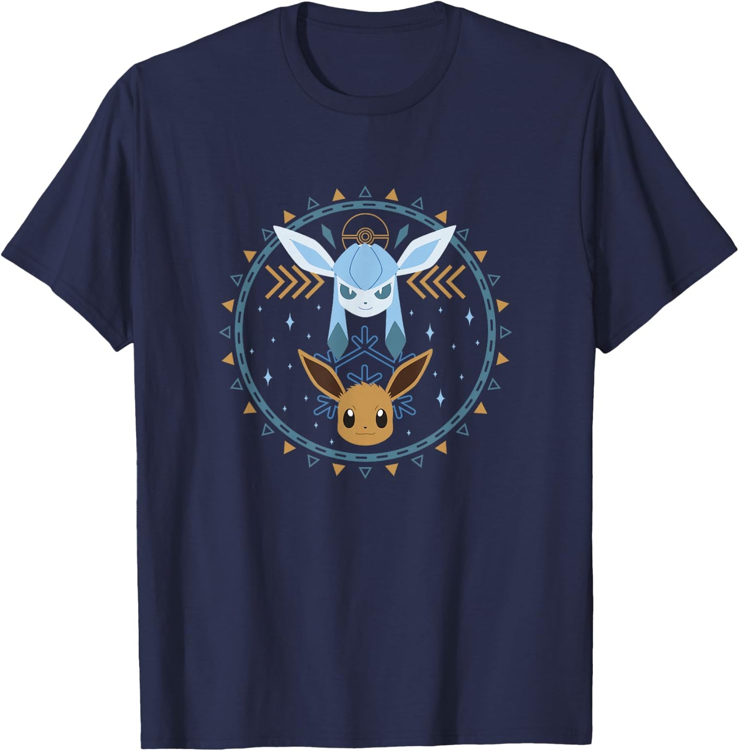 Pokémon Eevee & Glaceon Winter Themed Circle Portrait T-Shirt - T-Shirt | Navy