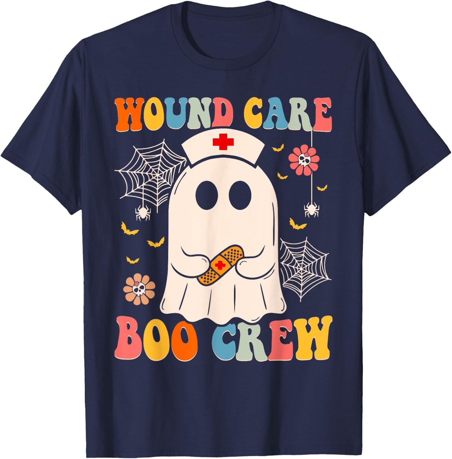 Groovy Wound Care Boo Crew Nurse Funny Ghost Halloween Nurse T-Shirt - T-Shirt | Navy