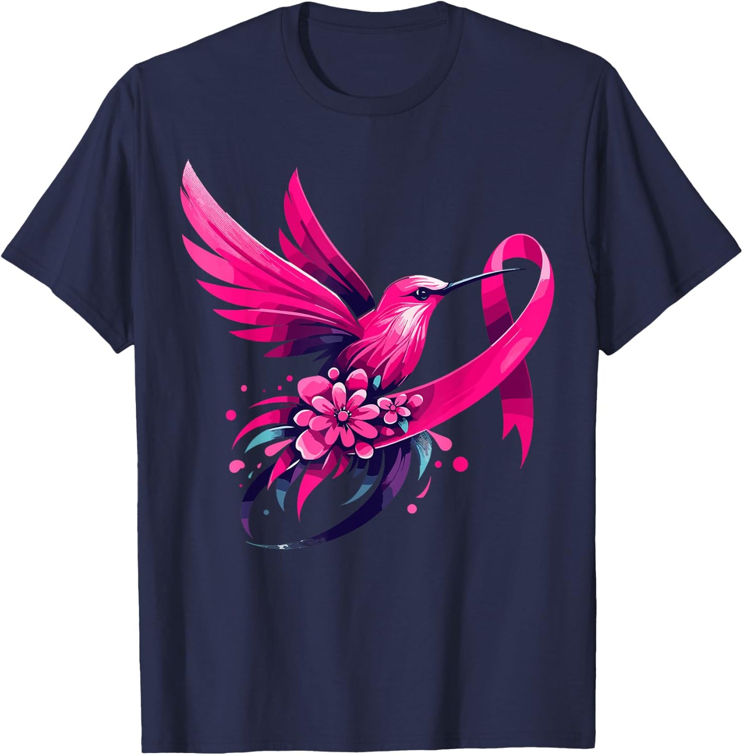 Hummingbird Flower Pink Ribbon Breast Cancer Awareness T-Shirt - T-Shirt | Navy
